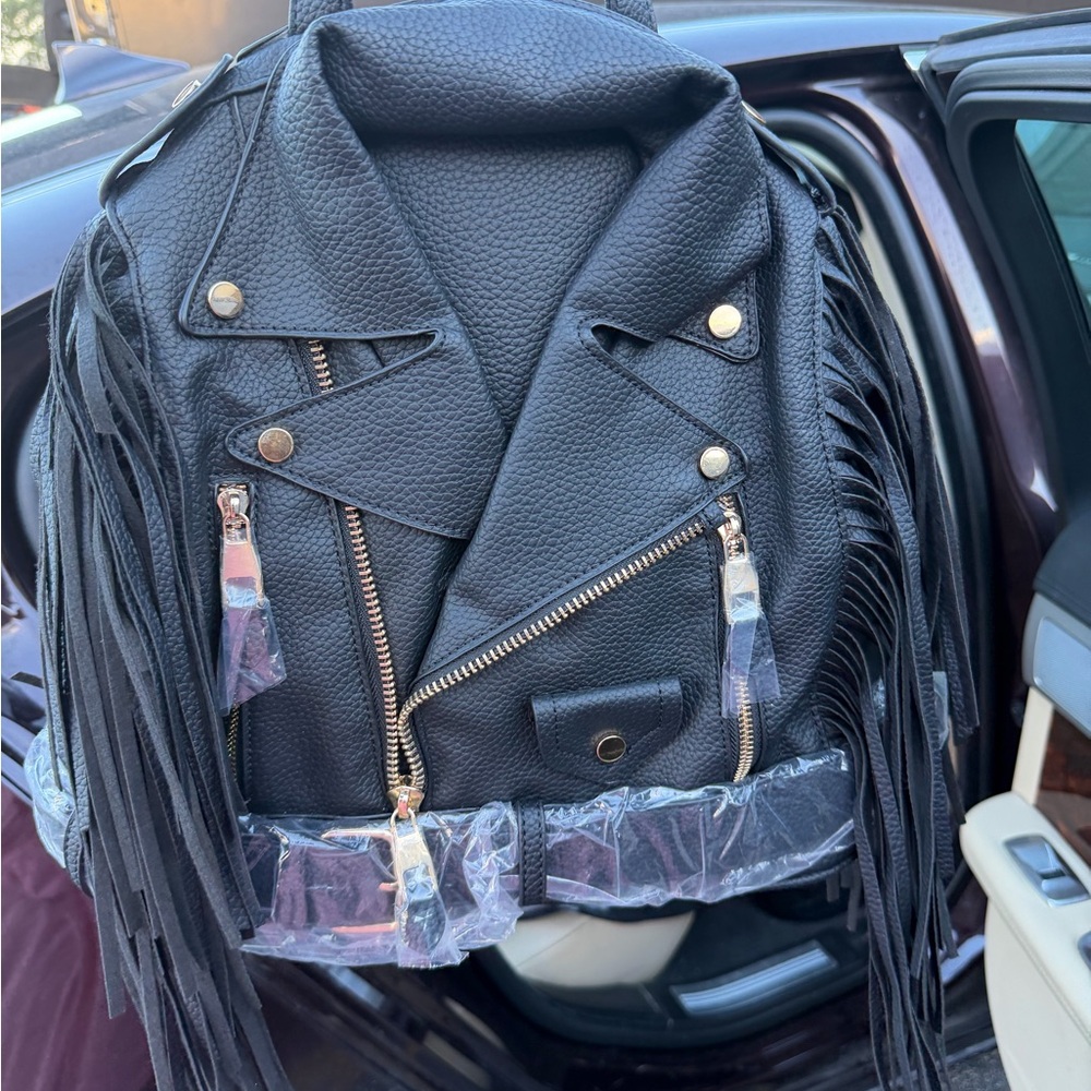 Black Fringe Biker-Style Women’s Backpack